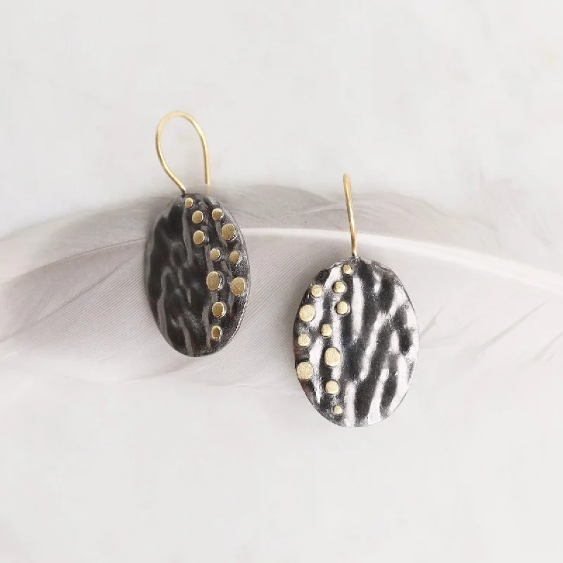 Dark Rhodium Textured Oval with Gold Dots Earrings