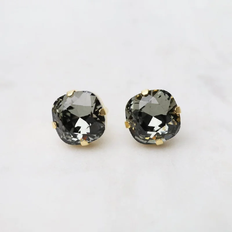 Large Black Diamond Post Earrings- Gold Plate