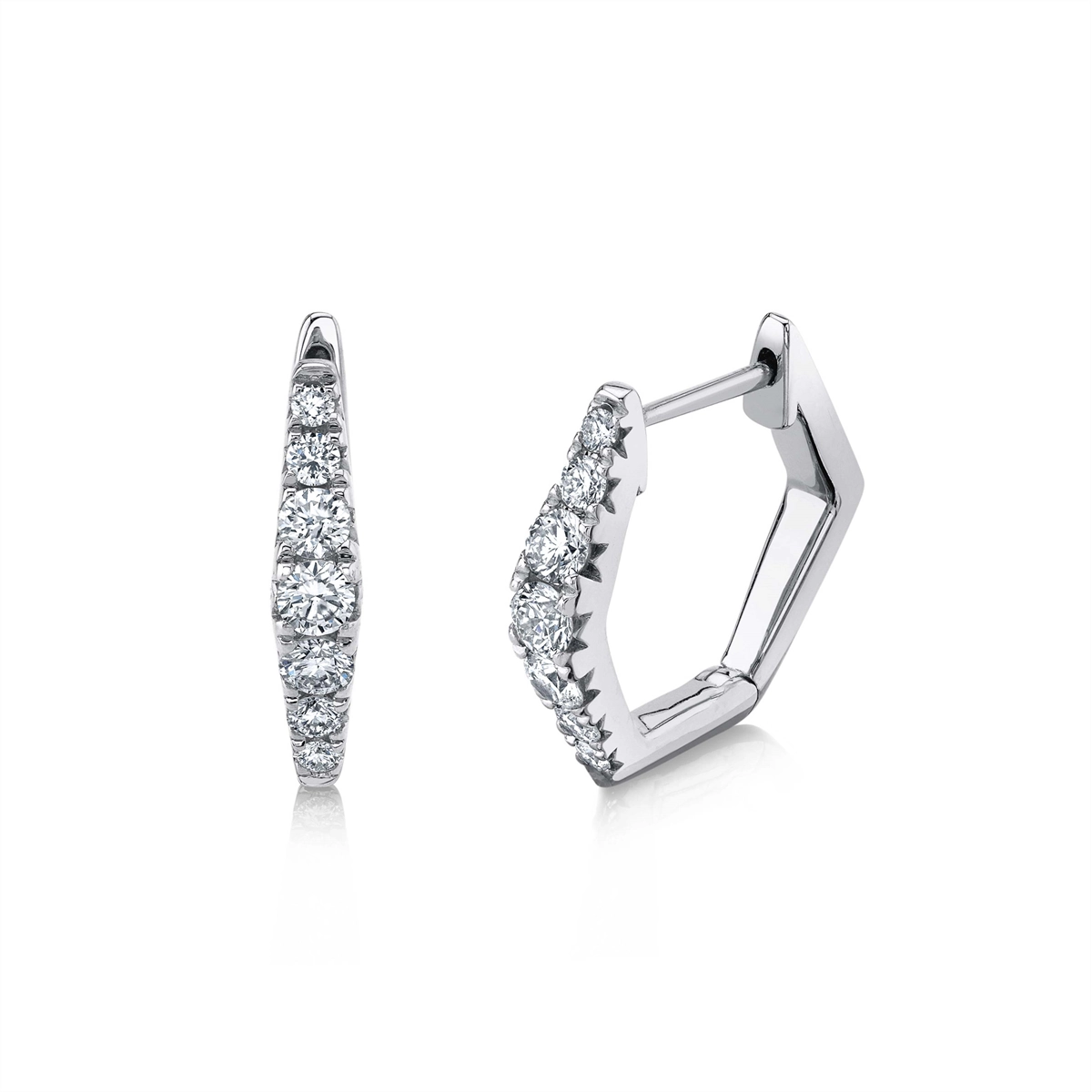 14K White Gold Diamond Hexagon Huggie Earrings