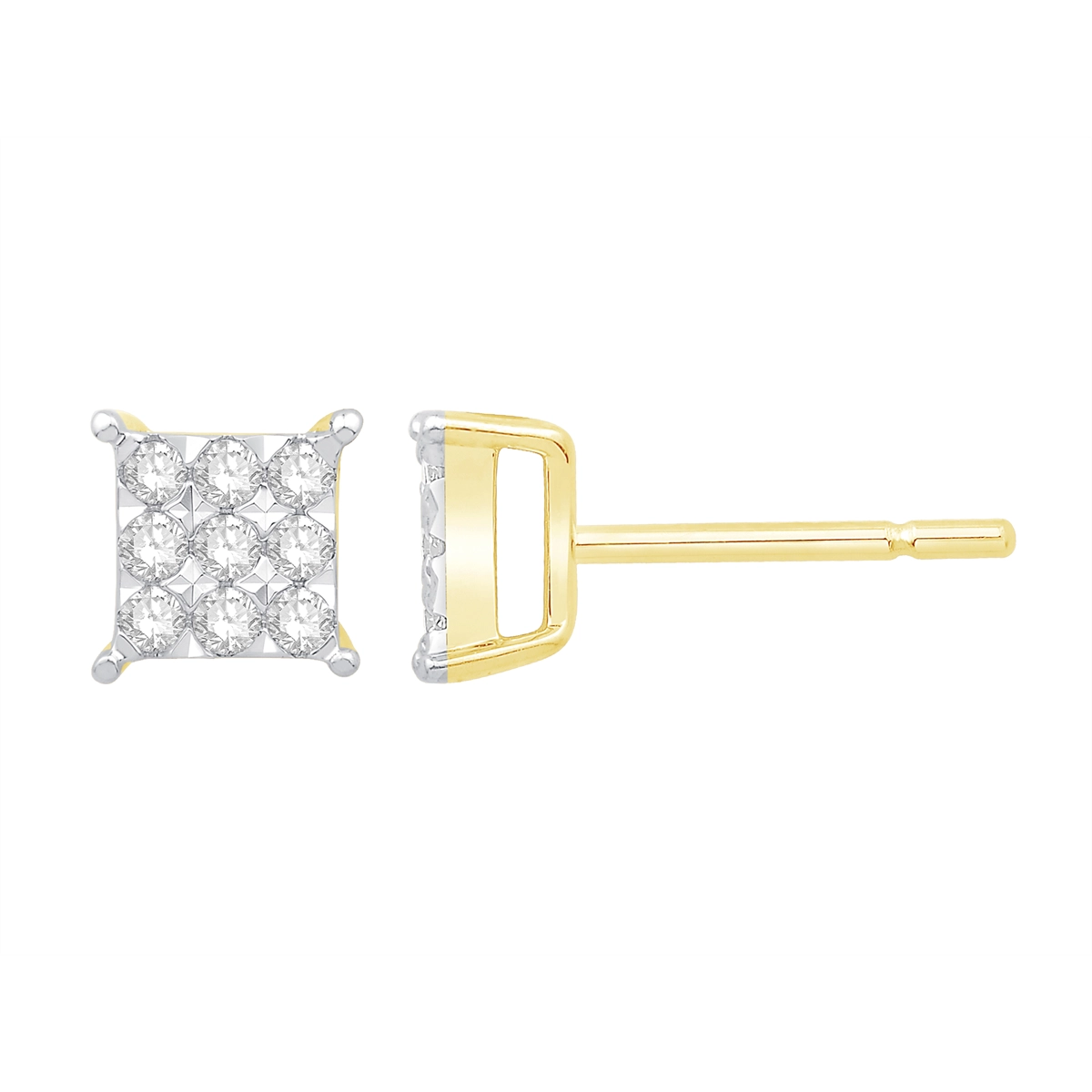 14K Yellow Gold Cluster Square Design Diamond Earrings with White Gold Head