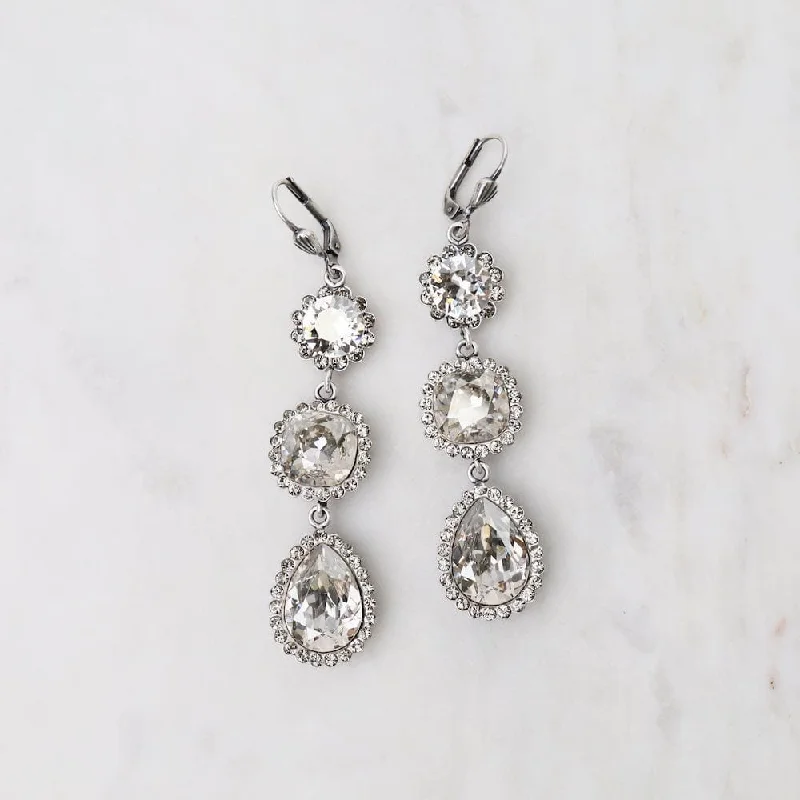 Triple Crystal Earrings - Old Silver