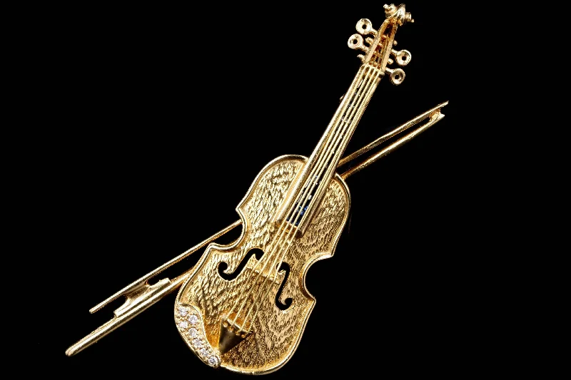 Vintage 18K Yellow Gold Sapphire & Diamond Violin Pendant/Brooch