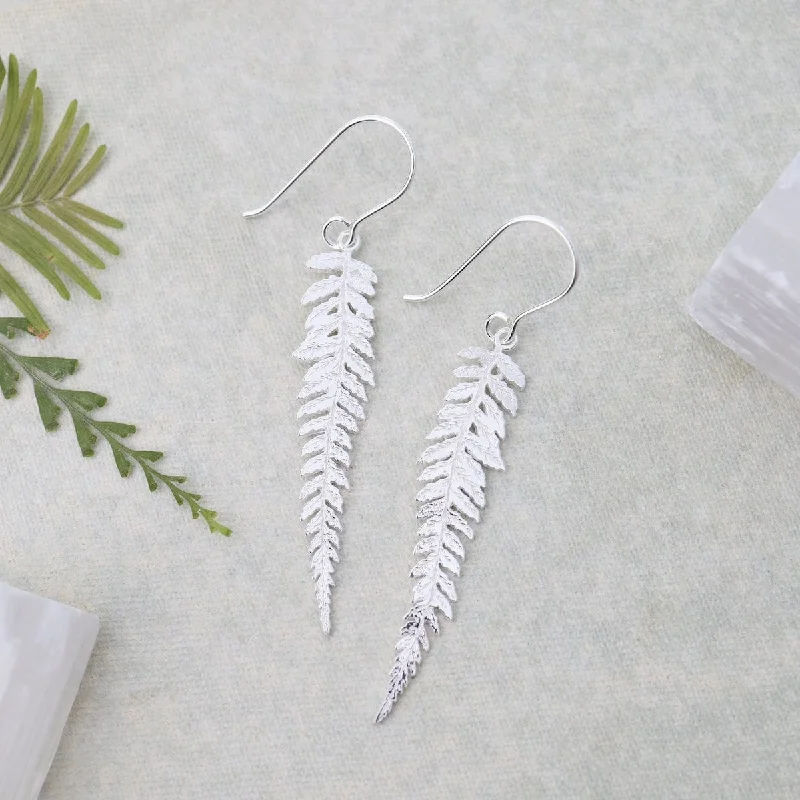 Polished Sterling Silver Long Fern Earrings