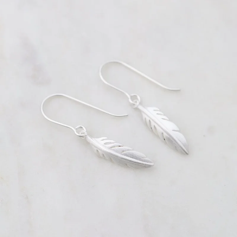 Tiny Feather Earrings - Brushed Sterling Silver