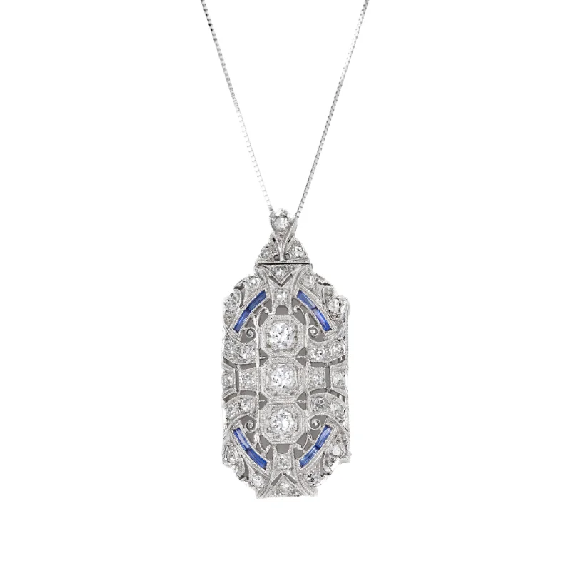 Art Deco Kobrin Bros. Platinum Diamond Synthetic Sapphire Brooch Pendant Conversion Necklace