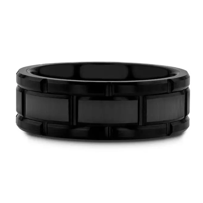 Beveled Black Tungsten Carbide 8mm Band with Brushed Center and Alternating Grooves