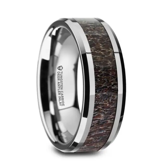 Beveled Tungsten Carbide 8mm Band with Dark Antler Inlay