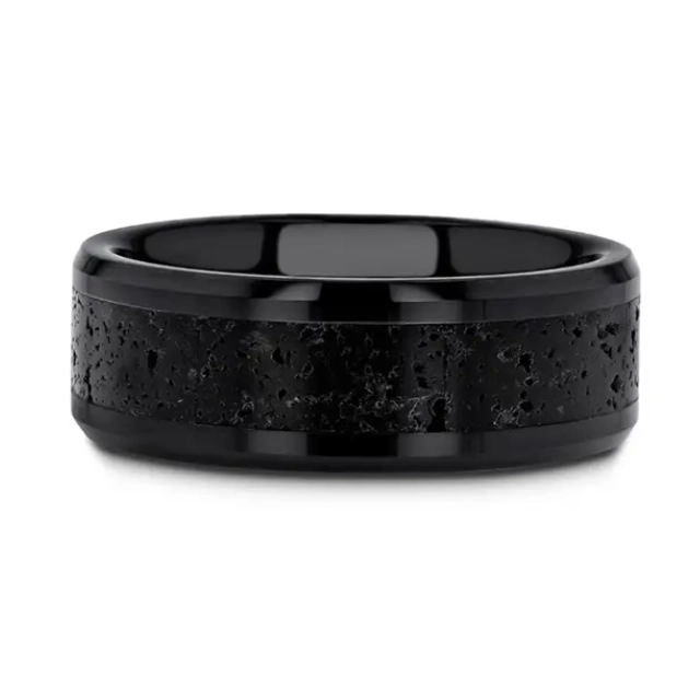 Black Ceramic 6mm Band with Gray Lava Rock Inlay