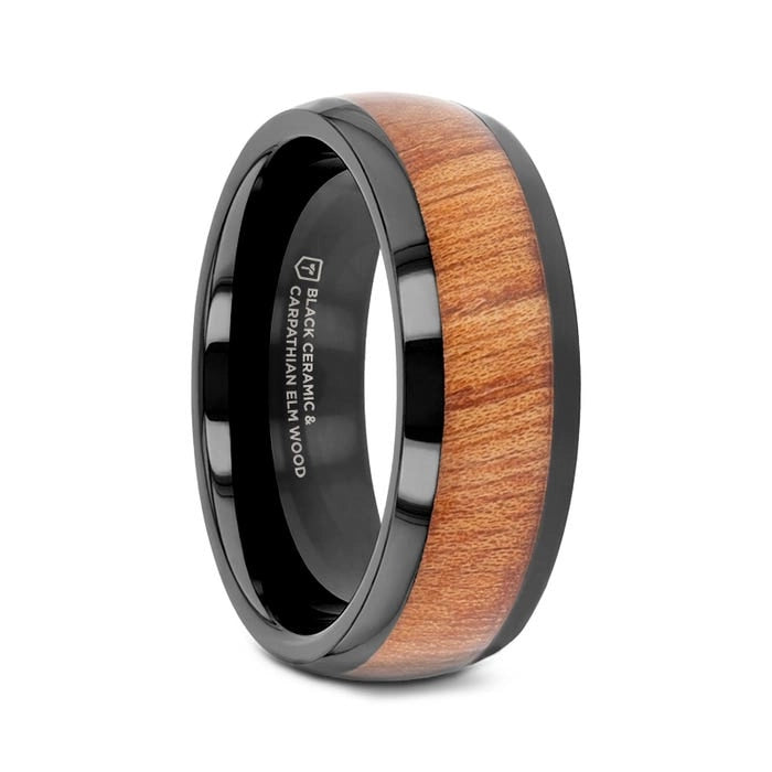 Black Ceramic Band with Domed Polished Finish and Carpathian Elm Wood Inlay