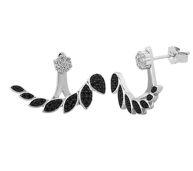 Black CZ Leaf Rhodium Plated Sterling Silver Ear Climber Earrings