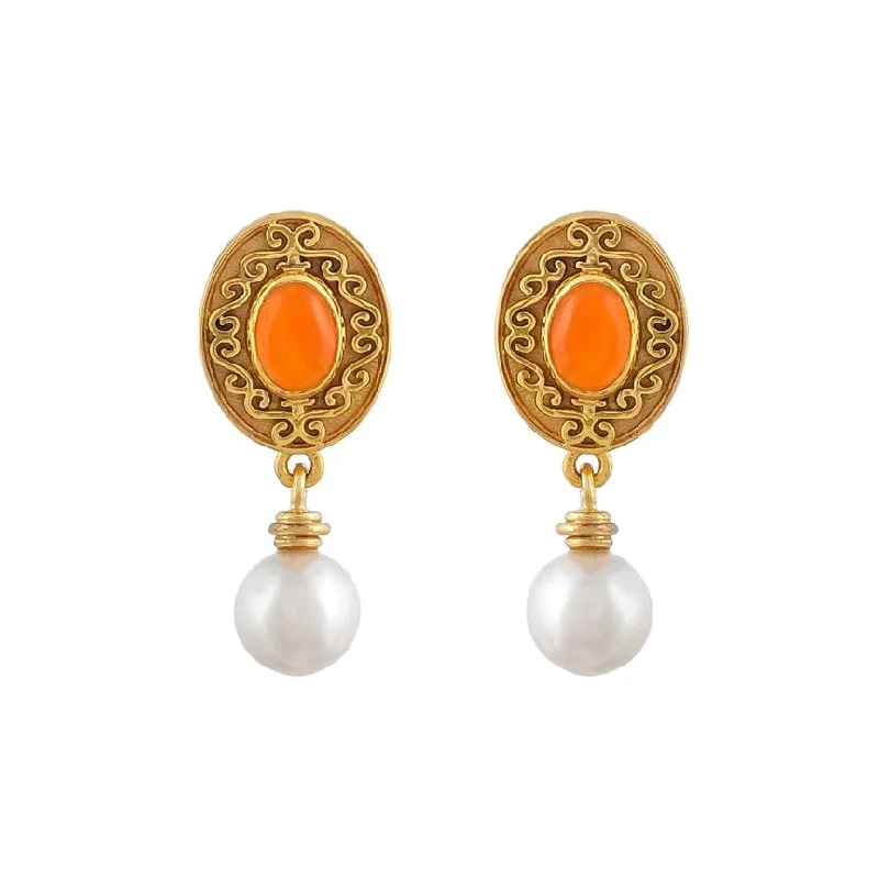 Carnelian Pearl Brass Earrings