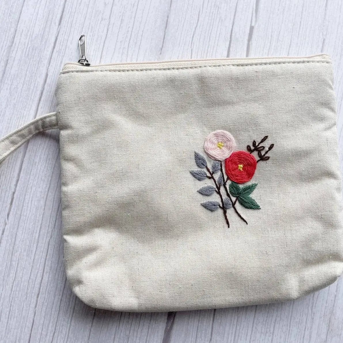 Small Rose Beige Flower Embroidered Cosmetic Bag