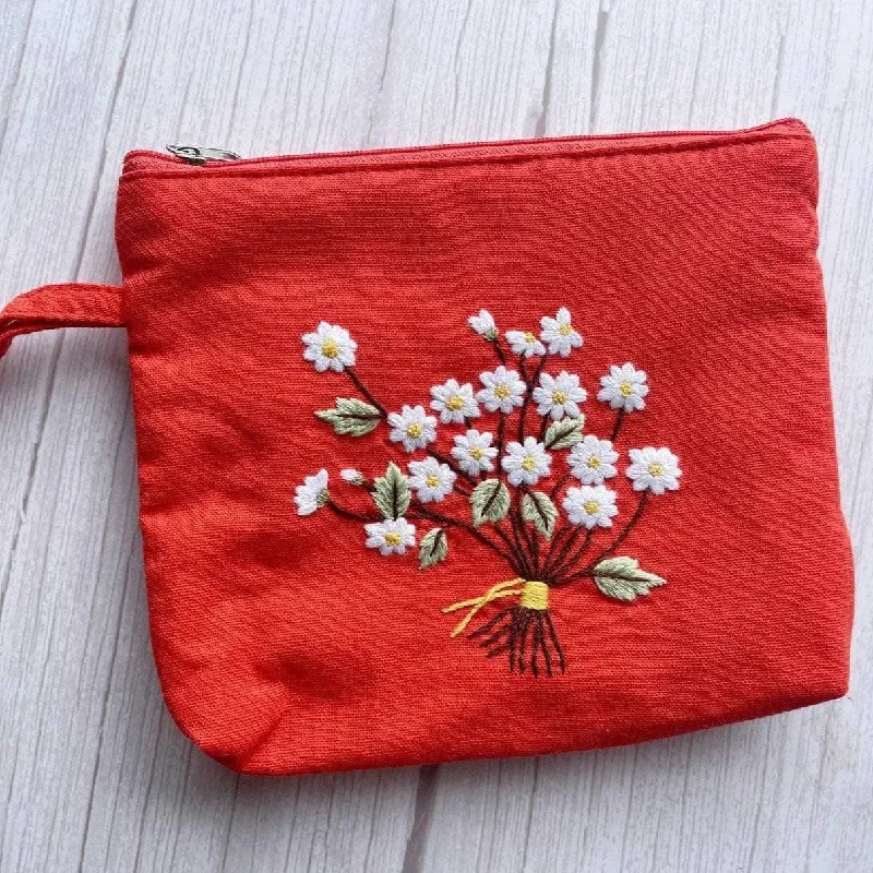 Daisy Bouquet Orange Flower Embroidered Cosmetic Bag