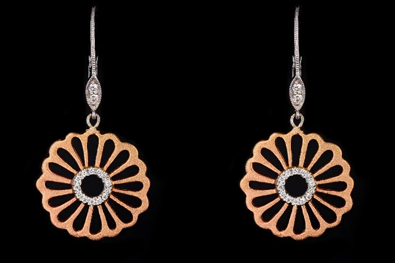 Modern 14K Gold .05 Carat Round Brilliant Cut Diamond Flower Earrings