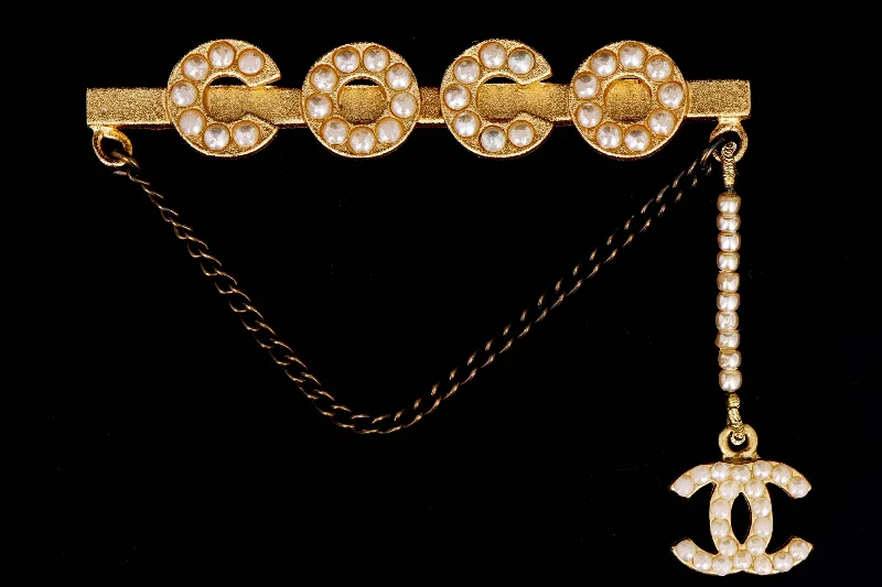 Modern Chanel "COCO" Pearl A Gold Bar Brooch  with Chain and Charm