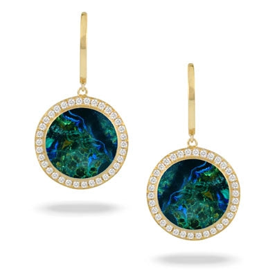 Doves 18K Yellow Gold Dangle Earrings with Azurite Malachite and Diamonds