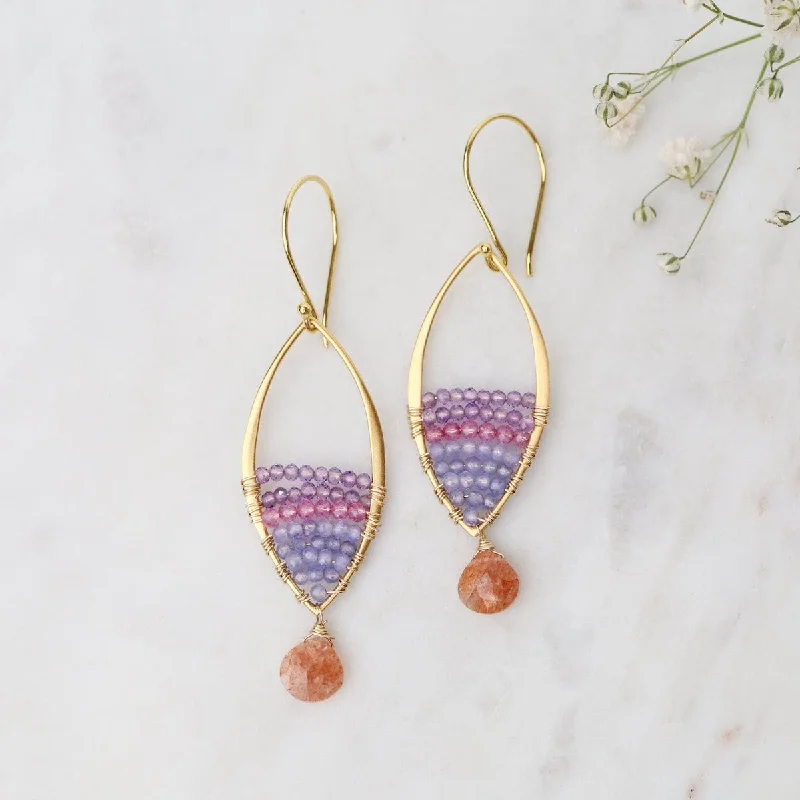 Sunstone & Amethyst Golden Marquise Earrings