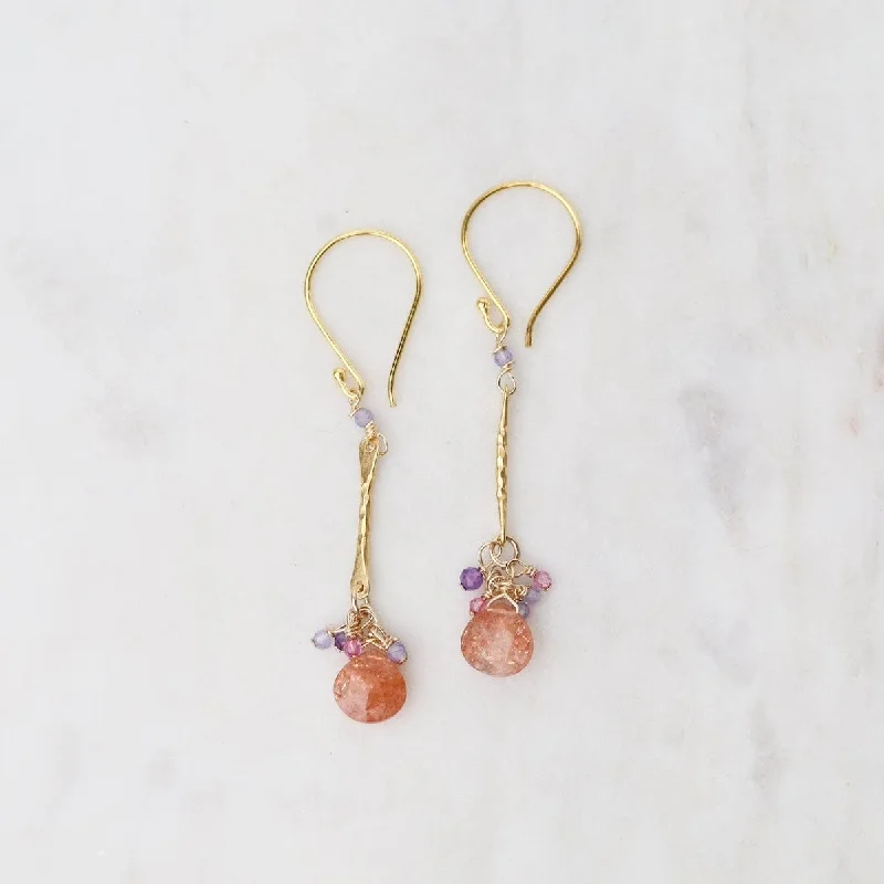 Sunstone & Mystic Topaz Gold Hammered Bar Earrings