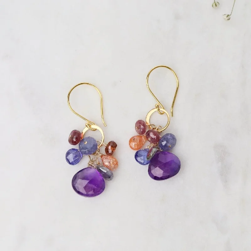 Gold Hammered Circle Link  Amethyst & Sunstone Earrings