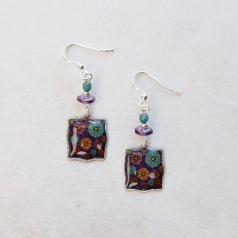 Dandelion Wisps Square Earrings with Purple Beads