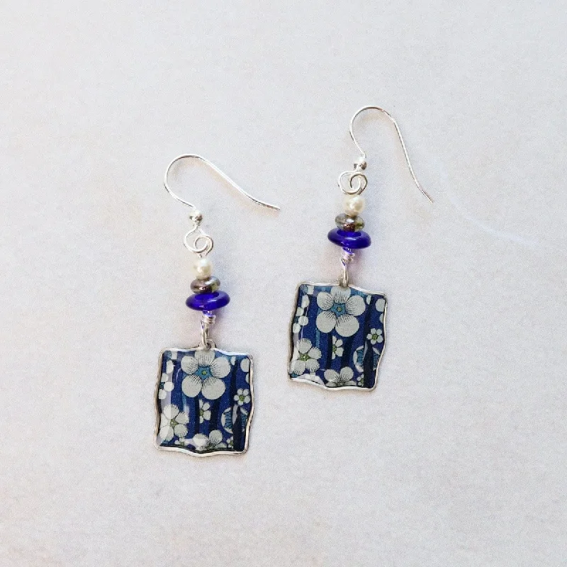 Blue and White Flowers Square Earrings