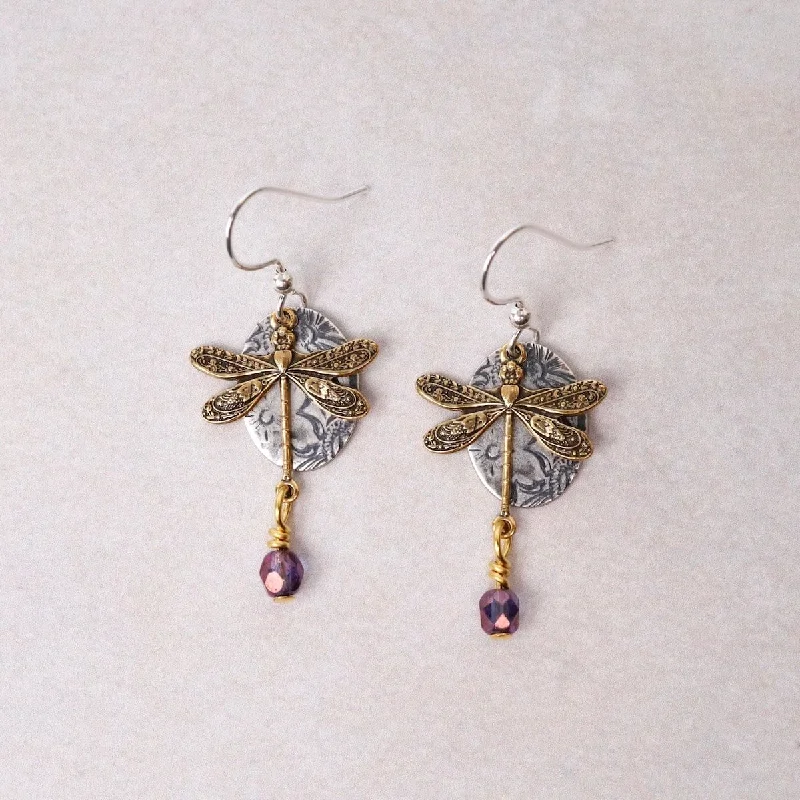 Dragonfly with Purple Crystal Earrings