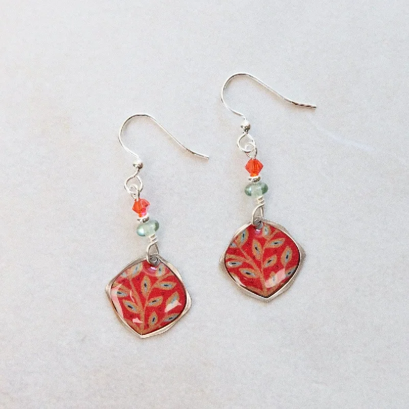 Round Leaf Pattern Earrings with Tangerine Background & Beads