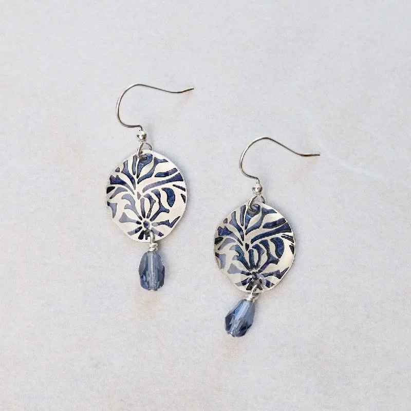 Silver Flower Burst in Blue with Dangle Crystal Earrings