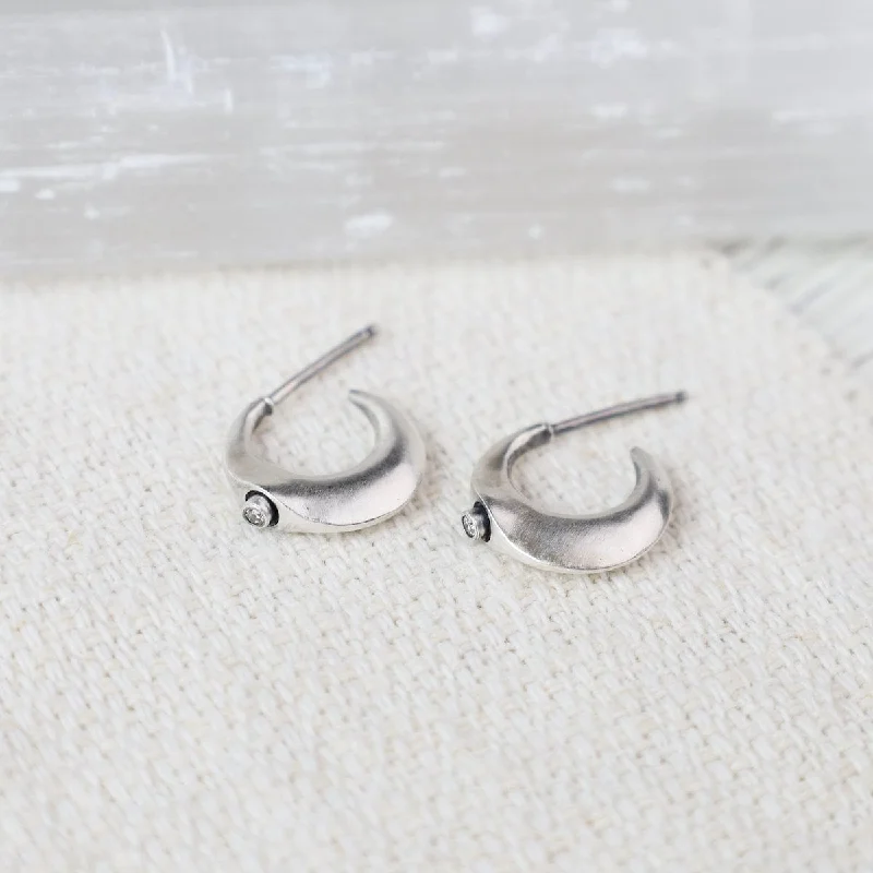 Oxidized Sterling Silver Diamond Crescent Huggie Earrings