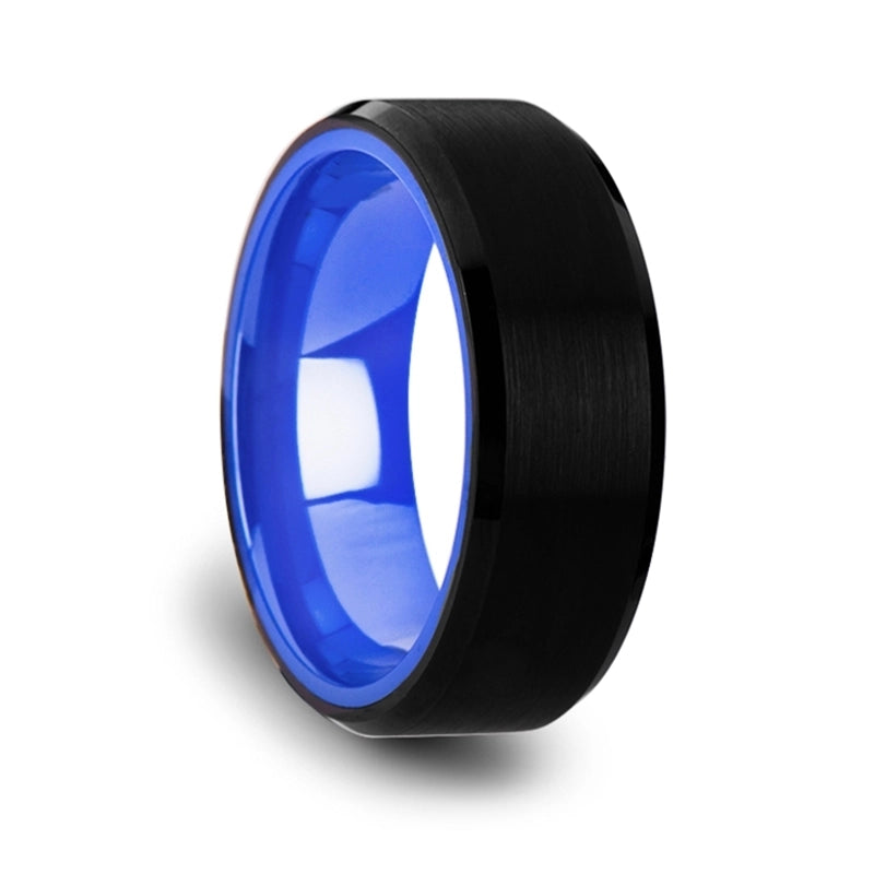 Flat Beveled Edge Black Tungsten 6mm Band with Brushed Center and Vibrant Blue Inside