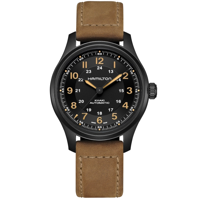 Hamilton Khaki Field Black PVD Titanium Auto Brown Leather 42mm