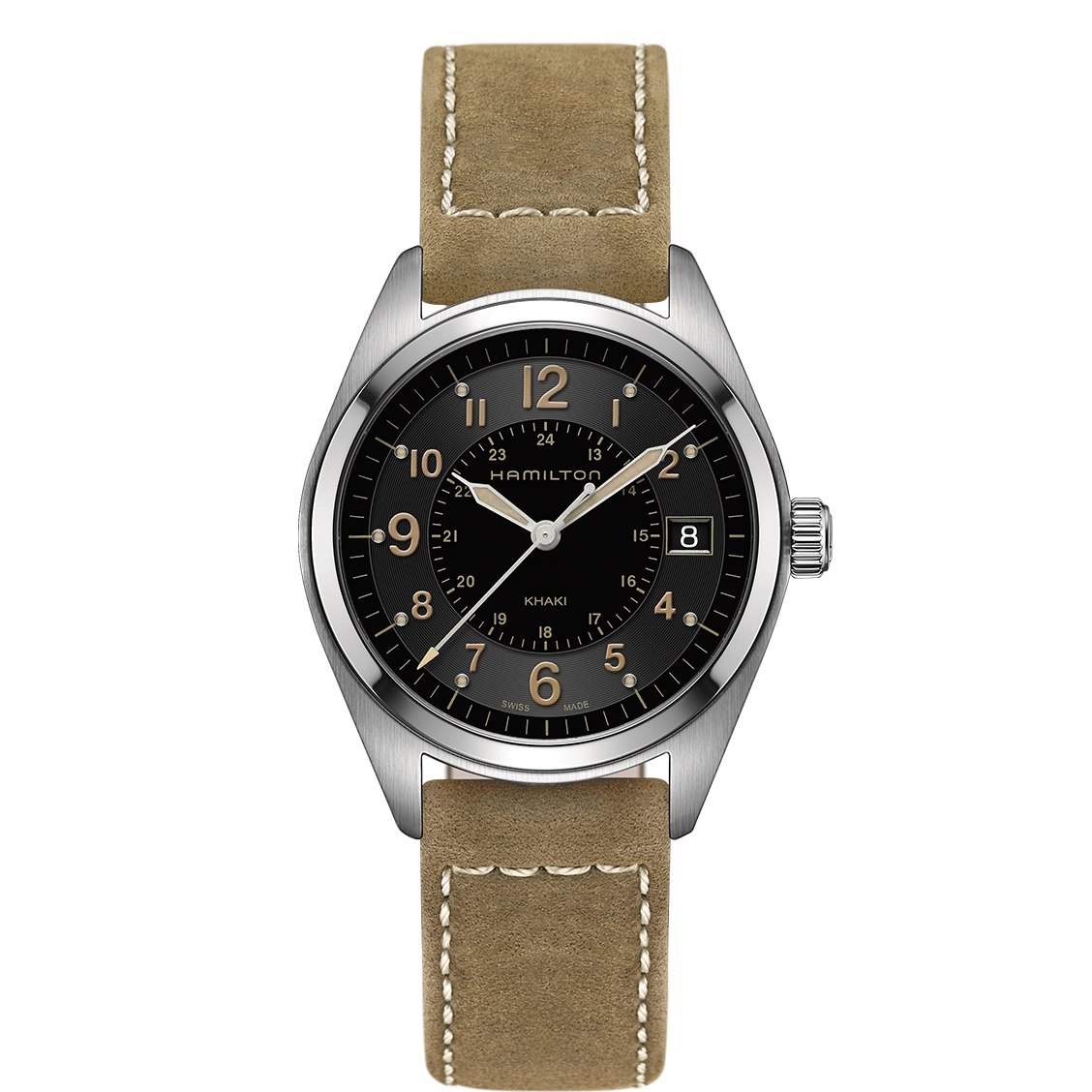 Hamilton Khaki Field Quartz Watch Black Dial Brown Strap 40mm