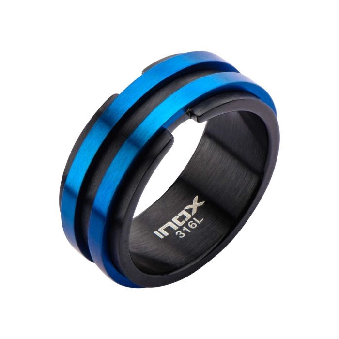 Inox Stainless Steel Black Ion Plated Band with Thin Blue Ion Plated Lines