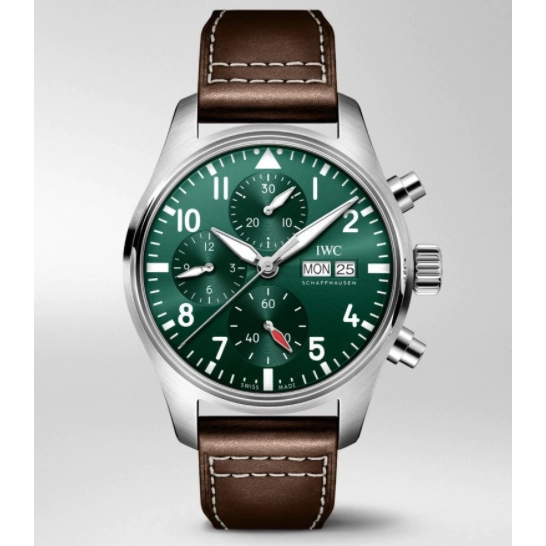 IWC Pilot's Watch Chronograph 41 Green Dial Stainless Steel Brown Strap Day- Date Automatic