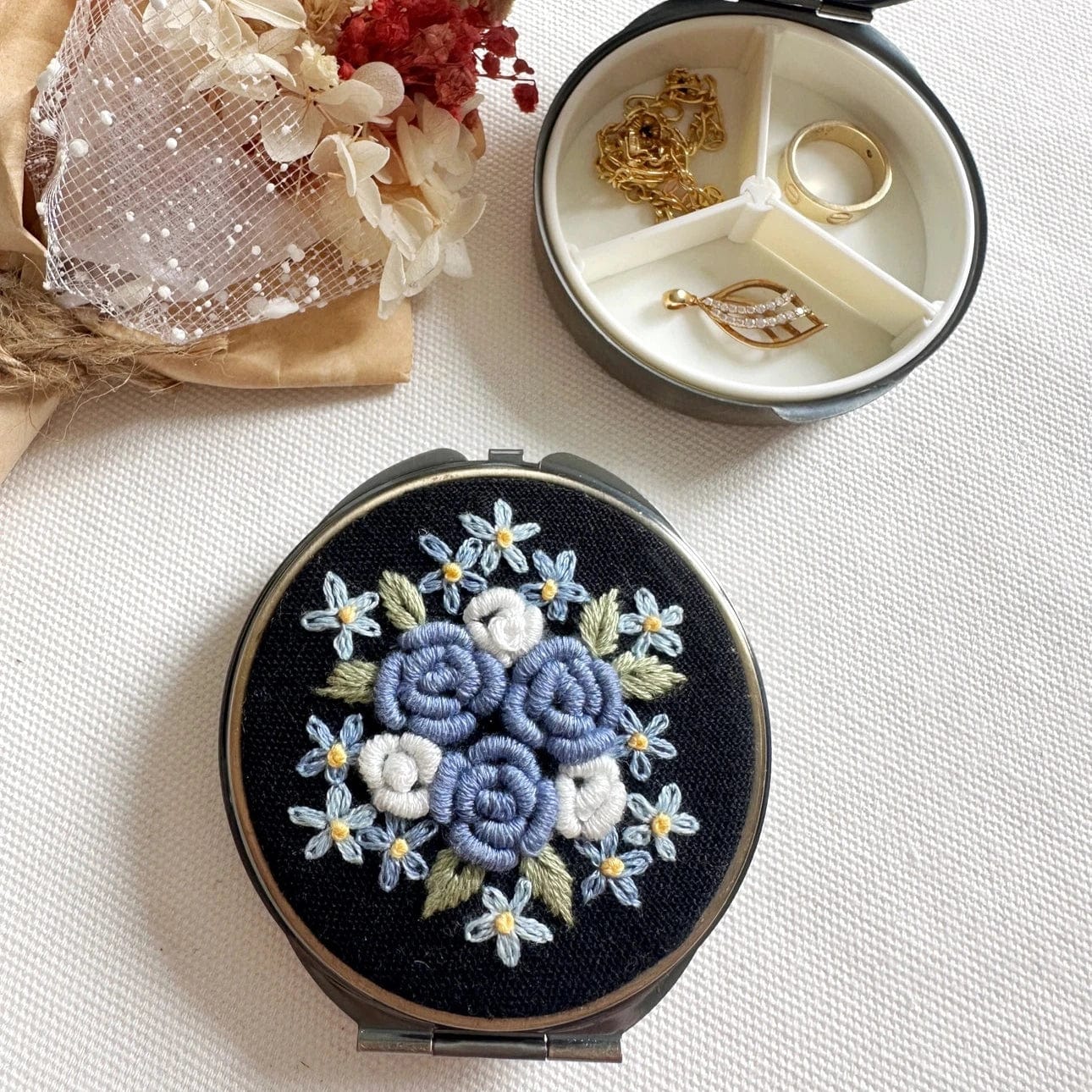 Floral Embroidered Round Jewelry Box - Blue Roses