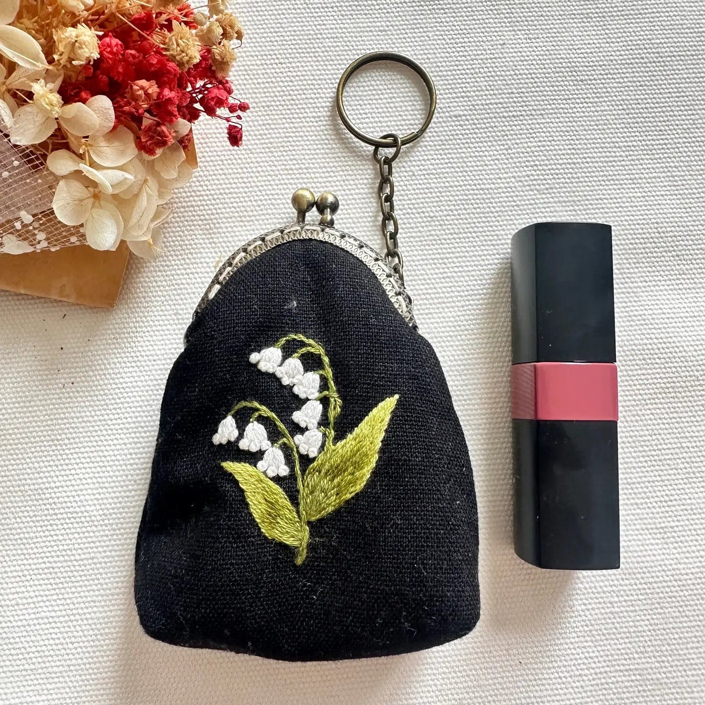 Lily of the Valley Black Embroidered Keychain Pouch