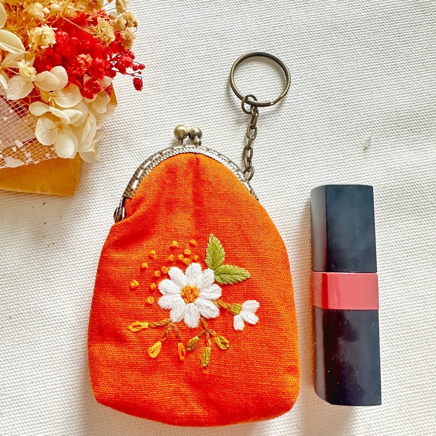 White Daisy Orange Embroidered Keychain Pouch