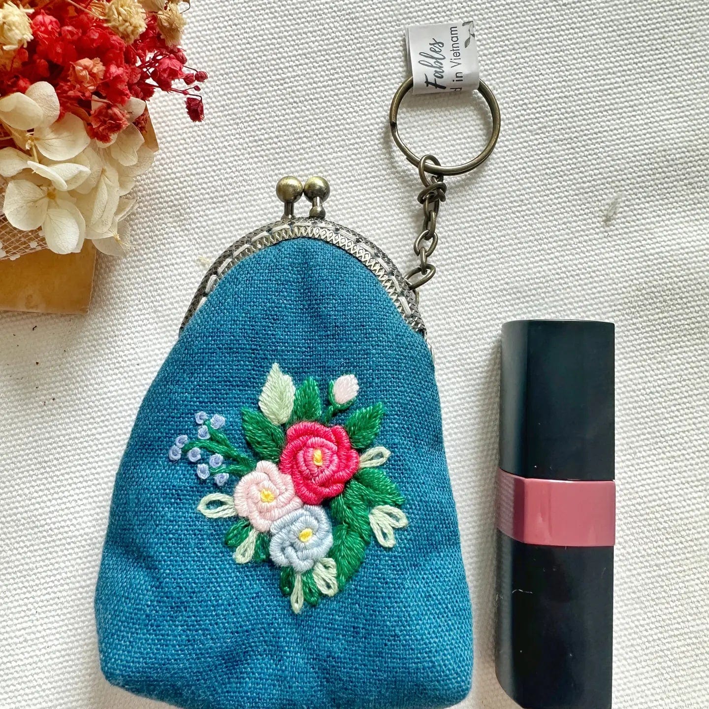 Flower Bouquet Turquoise Embroidered Keychain Pouch