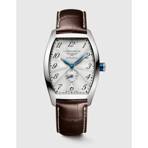 Longines Evidenza Tonneau Silver Dial Brown Leather Strap