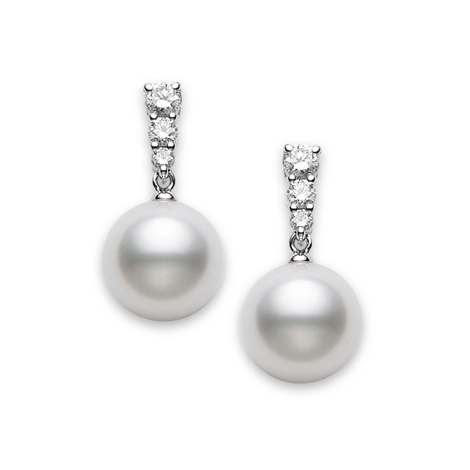 Mikimoto 18K White Gold Pearl and Diamond Dangle Earrings