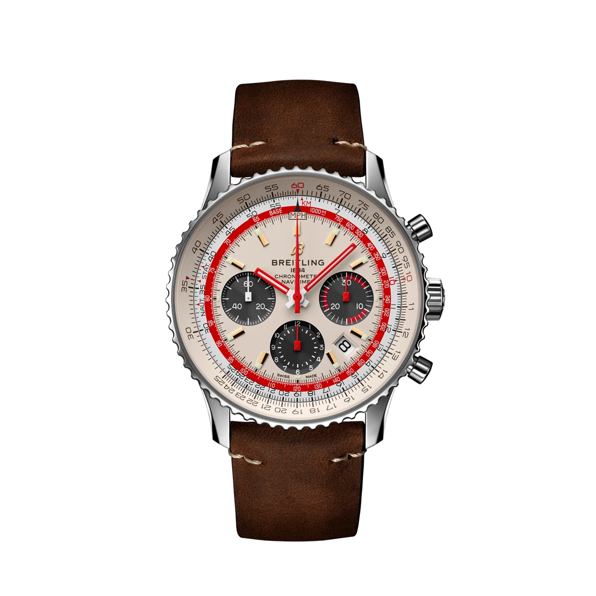 Navitimer B01 Chronograph 43 TWA. Steel case. White dial. Brown leather strap with folding buckle. 43mm.