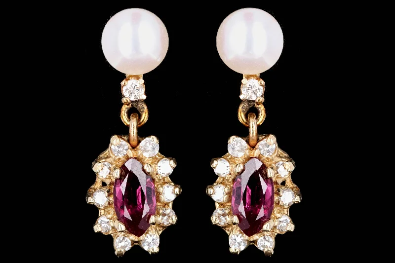 Vintage 14K Yellow Gold Ruby Diamond Halo Pearl Earrings