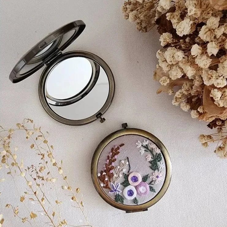 Flower Garden Floral Embroidered Compact Mirror