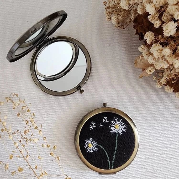 Dandelion Floral Embroidered Compact Mirror