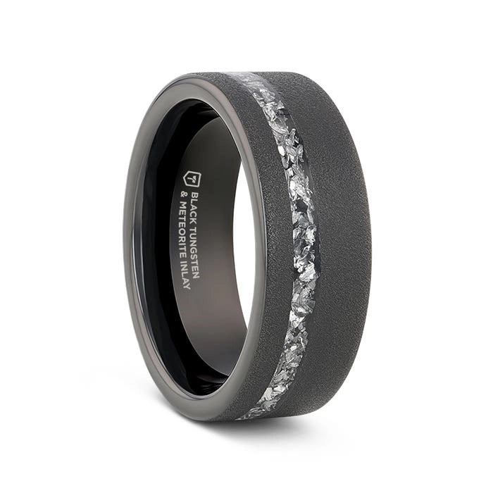 Sandblasted Black Tungsten Band with Meteorite Fragments Inlay