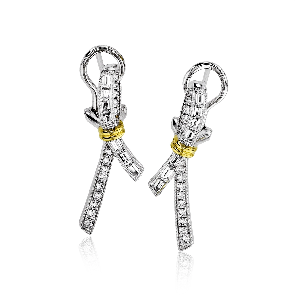 Simon G 18K Yellow and White Gold Crossover Earrings, Baguette and Round Diamonds