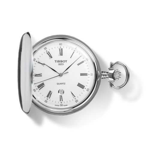 Tissot Savonnette Pocket Watch White Roman Dial 48.5mm Quartz