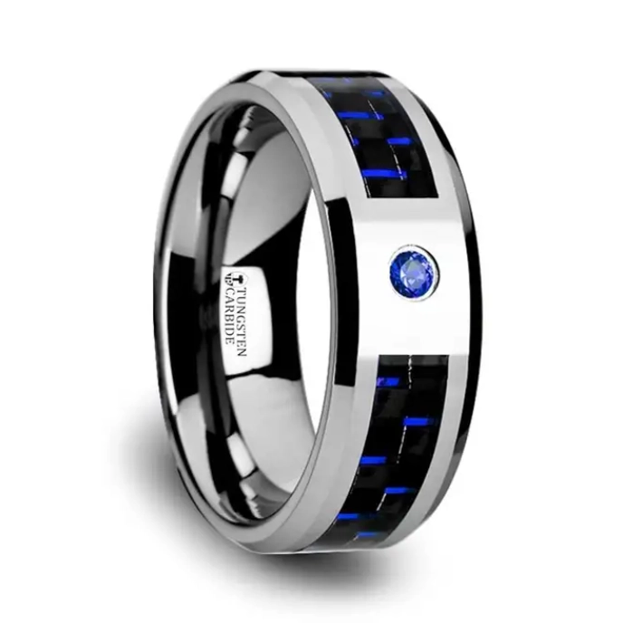 Tungsten 8mm Band with Black and Blue Carbon Fiber with a Bezel Set Sapphire