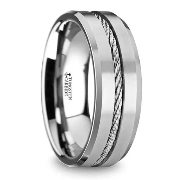 Tungsten 8mm Band with Steel Wire Cable Inlay