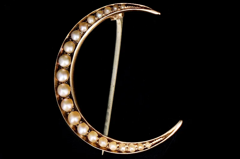 Victorian 14K Gold Crescent Moon Seed Pearl Pin Brooch c.1890's